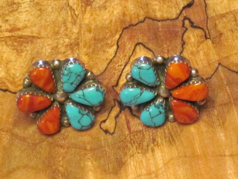 Navajo Coral & Turquoise Post Earrings 1